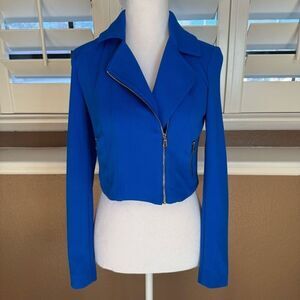 Cache Women's 2 Asymetrical Zip Moto Jacket Royal Blue Cropped Blazer City Style